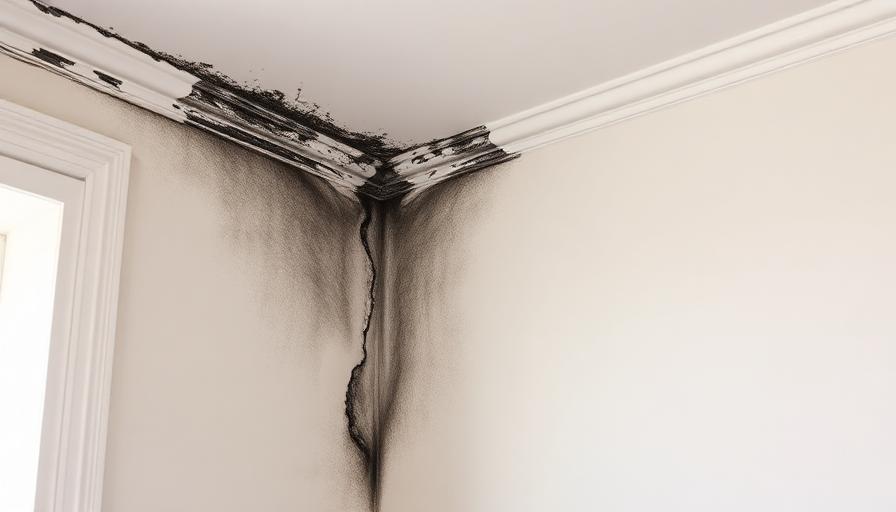 Angle de mur avec moisissures noires dans un logement