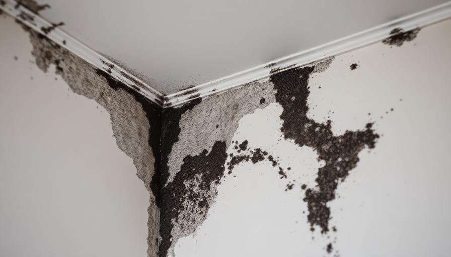 Angle d'une pièce avec moisissures noires et traces d'humidité sur les murs blancs