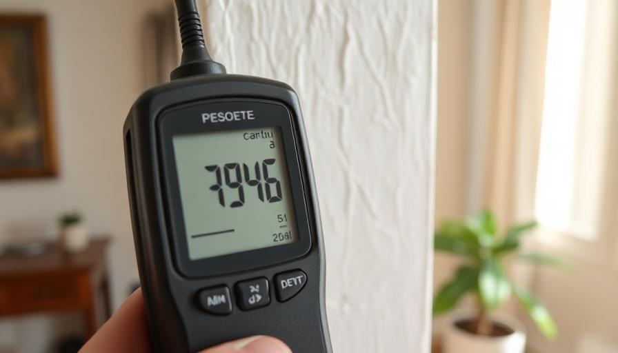 Appareil de mesure d'humidité numérique appliqué contre un mur blanc