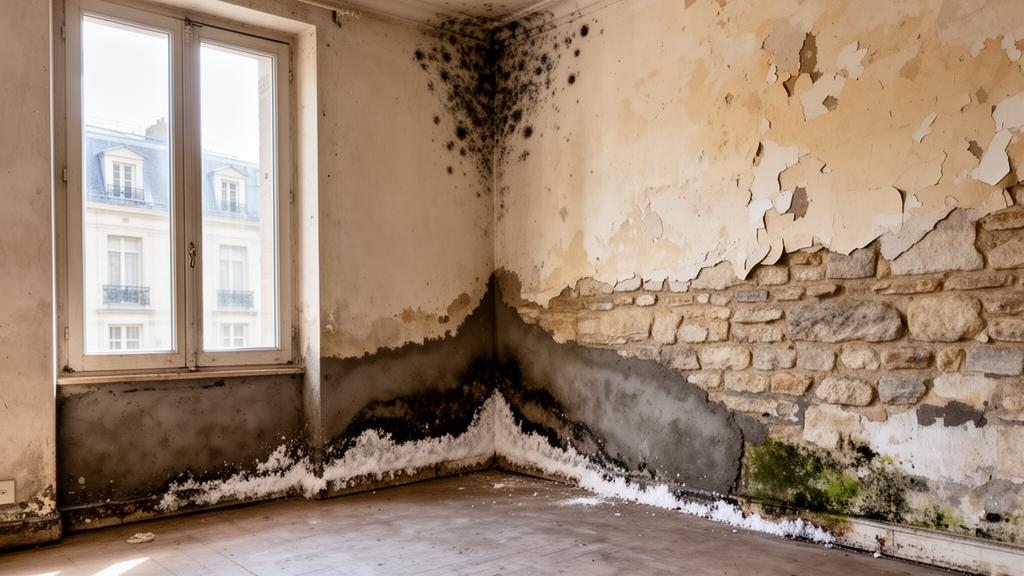 Immeuble ancien urbain dégradé avec traces d'humidité multiples : salpêtre, enduit décollé, moisissures