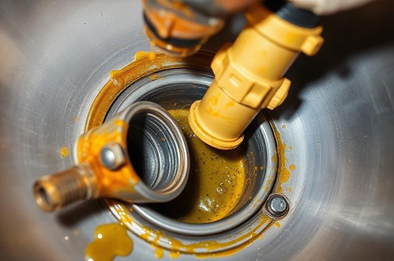 Siphon d'évier encrassé par des dépôts de graisse, cause fréquente de canalisation bouchée