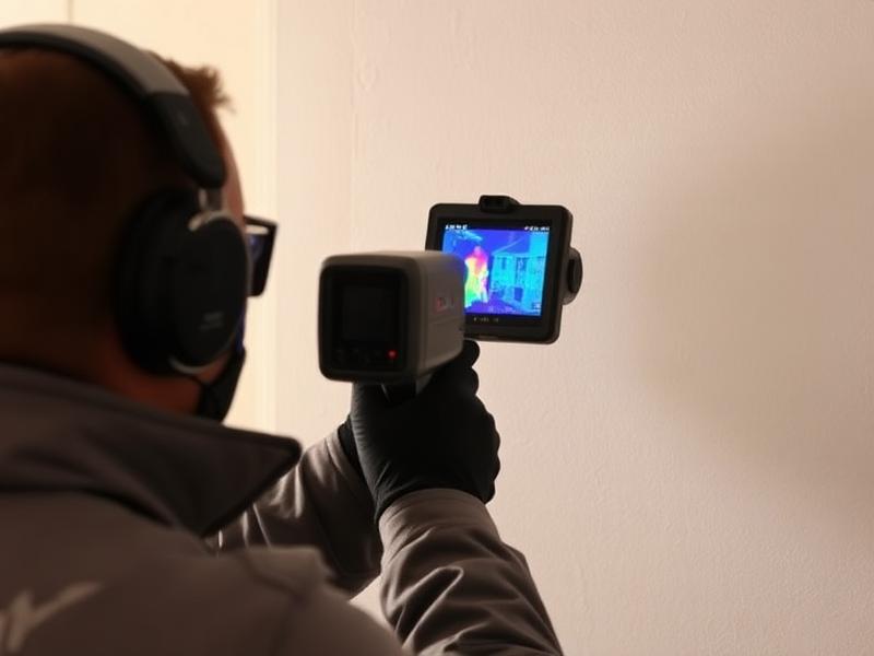 Technicien utilisant une caméra thermique FLIR pour diagnostiquer l'humidité sur un mur — image infrarouge visible à l'écran