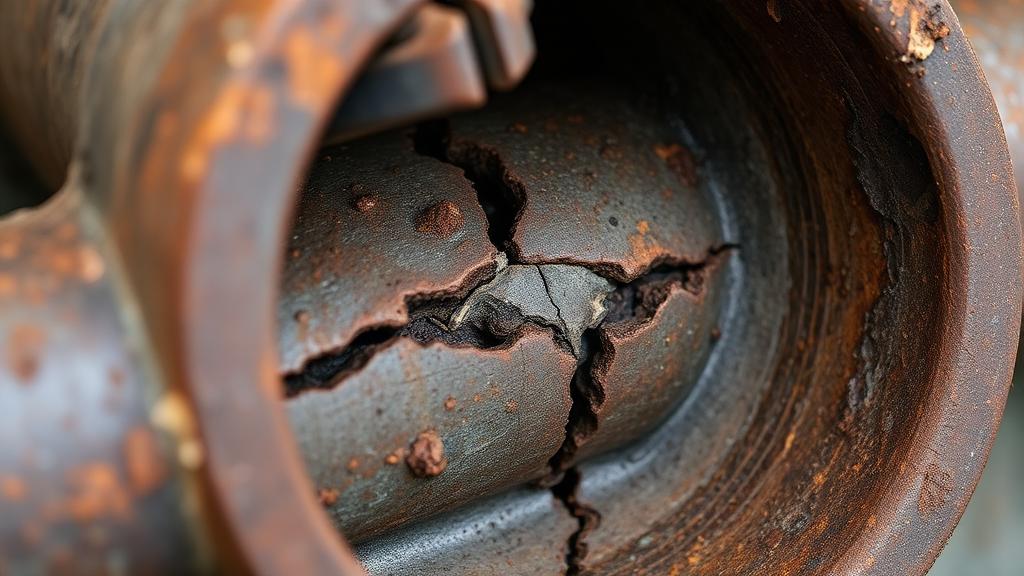Gros plan sur un tuyau en fonte corrodé montrant des signes de fissuration avancée
