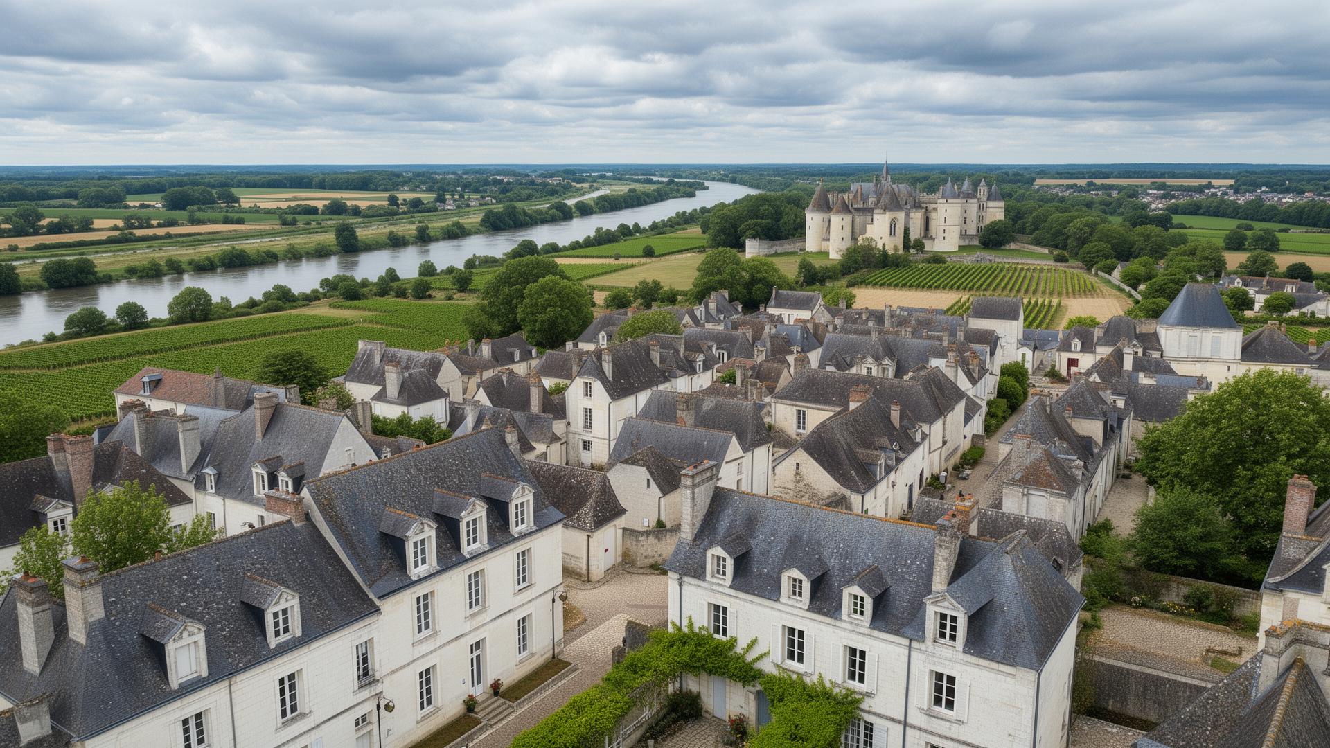 Village de Touraine avec maisons en tuffeau blanc et la Loire