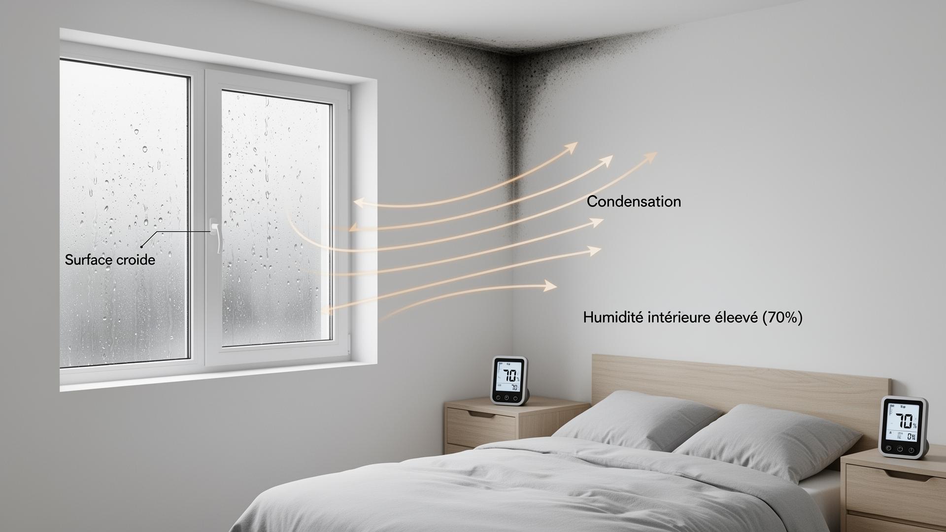 Schéma de condensation dans une chambre : air humide à 70 % rencontrant une fenêtre froide, gouttelettes et moisissure en angle