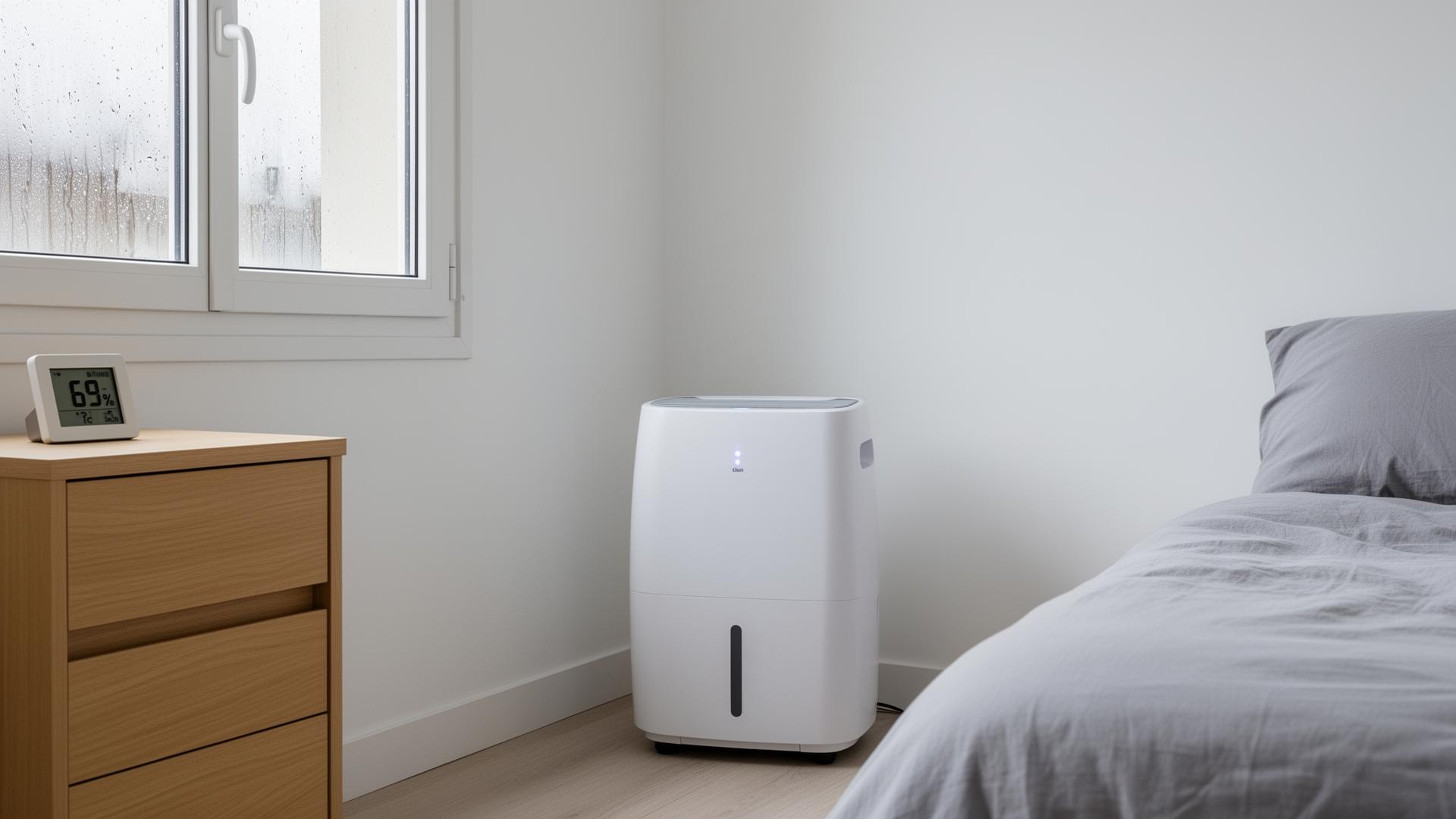 Déshumidificateur domestique en fonctionnement dans une chambre humide avec hygromètre affichant 69 % et condensation visible sur la fenêtre