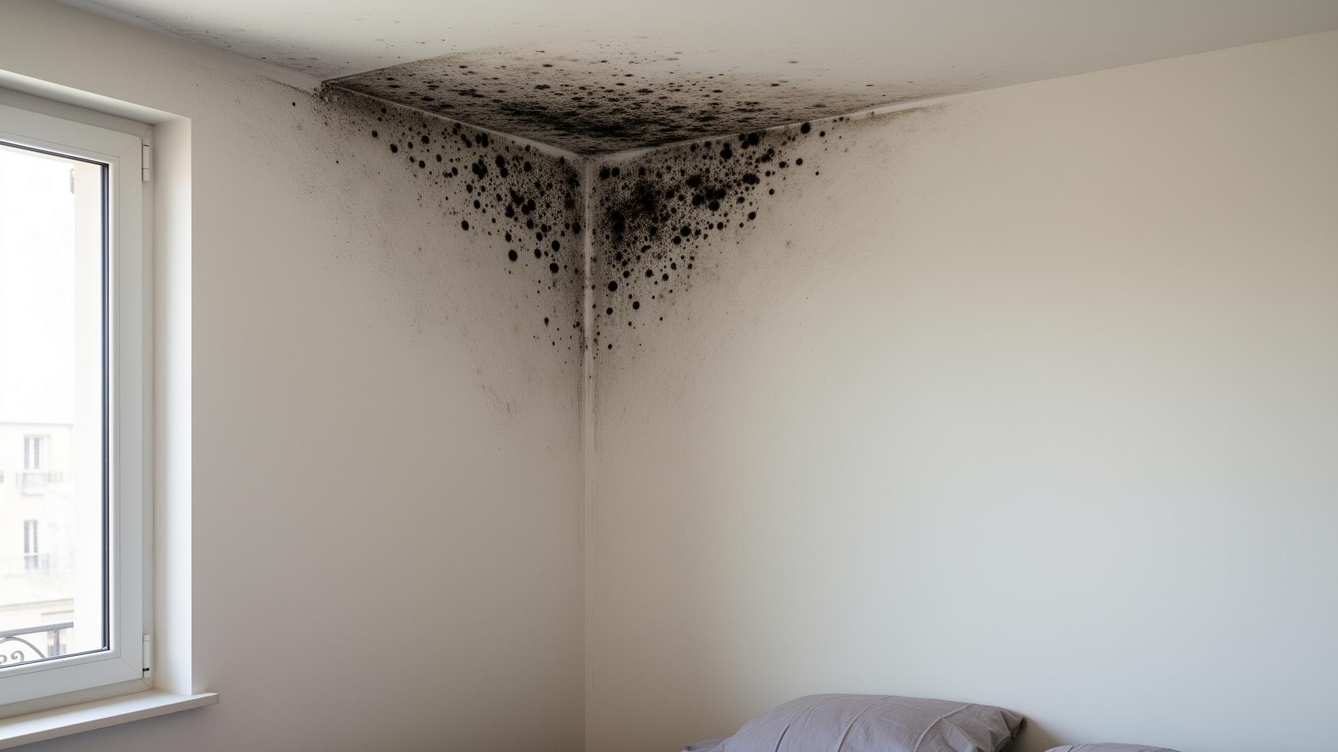 Moisissures noires dans l'angle d'un mur de chambre avec peinture cloquée et détériorée