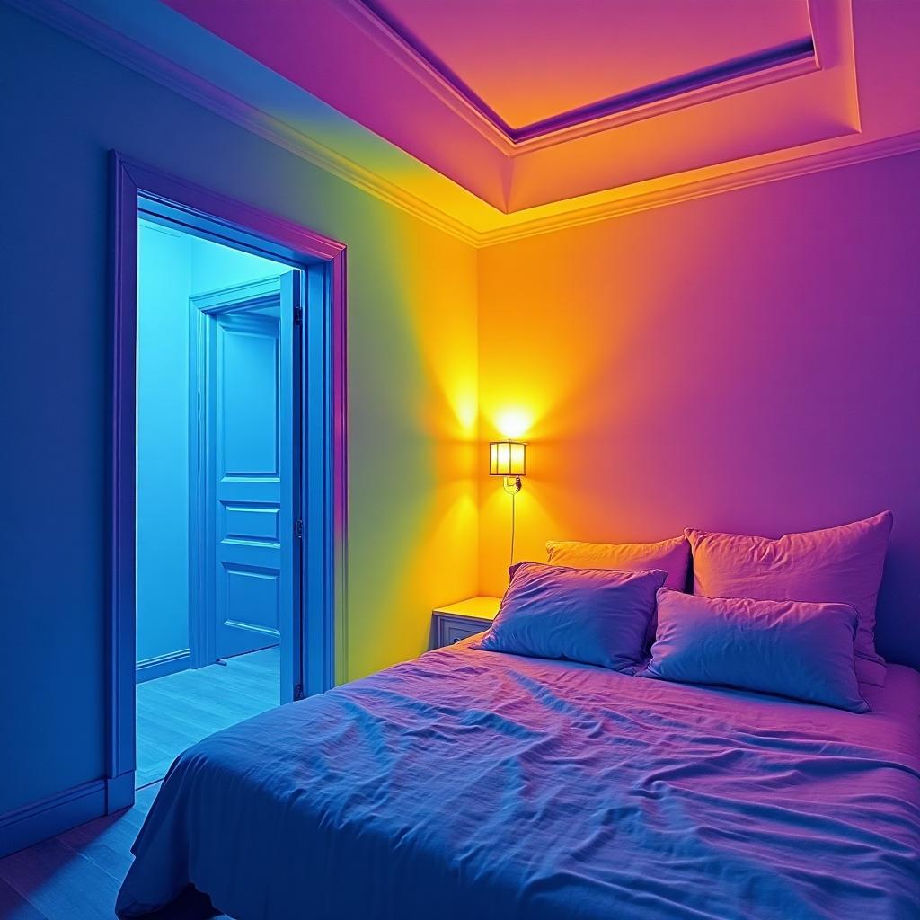 Image thermographique d'une chambre montrant les ponts thermiques aux angles mur-plafond en bleu froid et les zones chaudes en jaune-orange