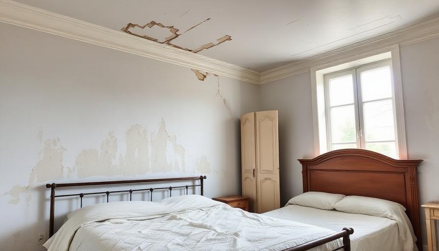Chambre avec traces d'humidité sur les murs