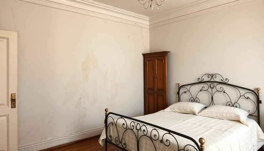 Chambre avec traces d'humidité sur les murs