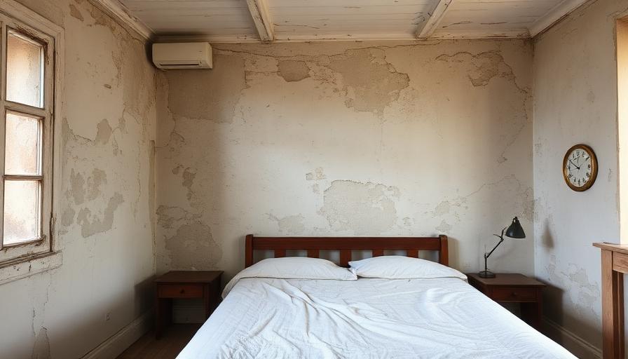 Chambre avec murs humides dégradés, peinture écaillée et taches d'humidité