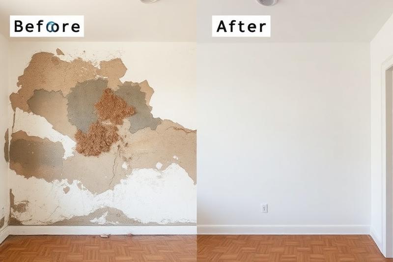 Comparaison avant et après traitement d'un mur contaminé par des champignons : mur dégradé puis propre et repeint