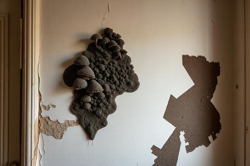 Champignons et formations fongiques visibles sur un mur intérieur humide avec peinture dégradée