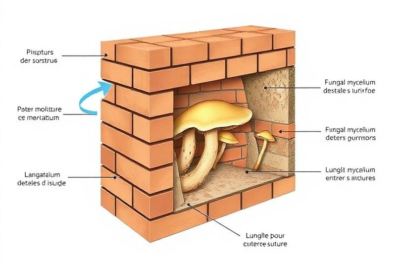 Schéma explicatif montrant comment un champignon se développe dans un mur : humidité + matériau = colonisation fongique