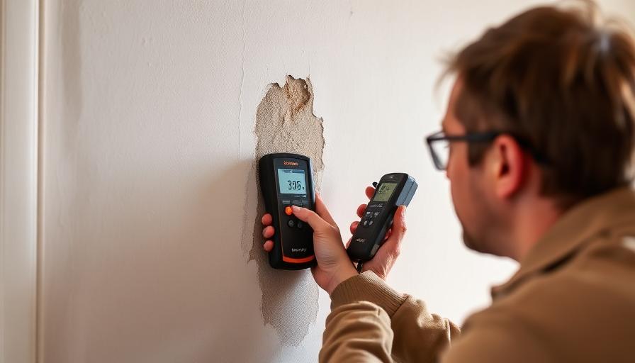 Expert en diagnostic humidité mesurant le taux d'humidité d'un mur avec un appareil professionnel