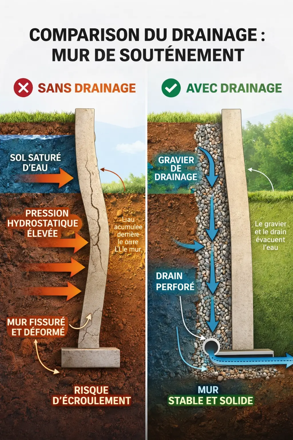 Comparaison d'un mur de soutènement sans drainage (sol saturé, fissures) et avec drainage (gravier, drain perforé)