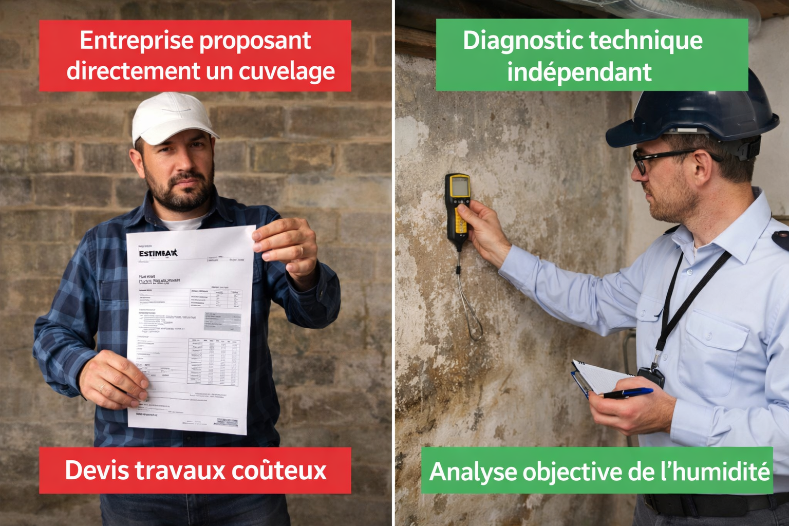 Comparatif visuel entre un diagnostic orienté commercialement et un diagnostic professionnel indépendant
