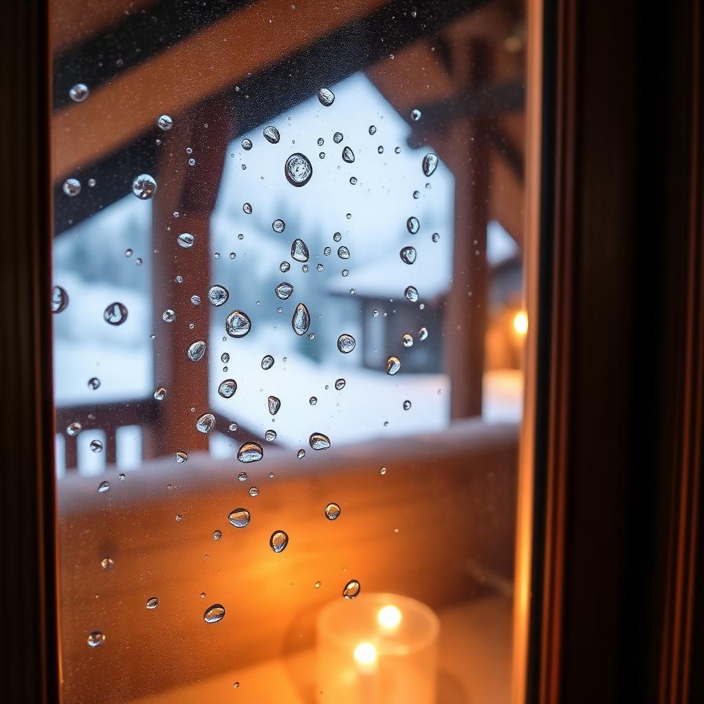 Condensation sur une fenêtre de chalet alpin avec vue sur la neige