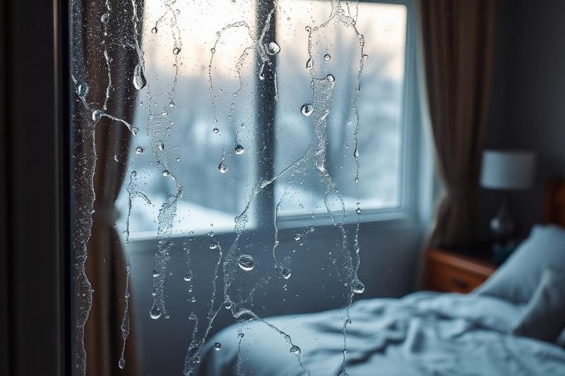 Fenêtre de chambre couverte de buée et de gouttelettes de condensation au petit matin, lit visible en arrière-plan