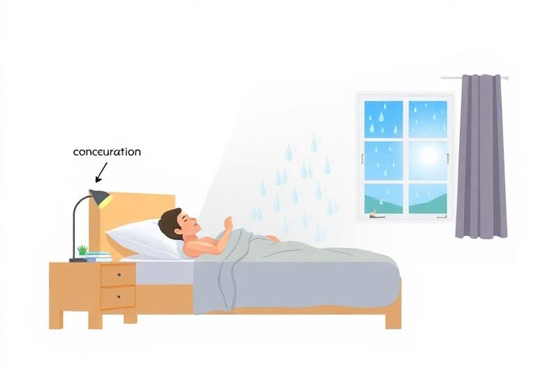 Schéma de condensation nocturne en chambre : vapeur d'eau exhalée par le dormeur se déposant sur le mur froid et la fenêtre