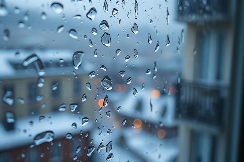 Gouttelettes de condensation sur une vitre de fenêtre froide vue de l'intérieur, paysage urbain hivernal flou en arrière-plan