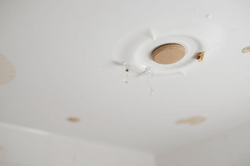 Plafond d'une salle de bain avec des gouttes d'eau et des taches d'humidité causées par la condensation