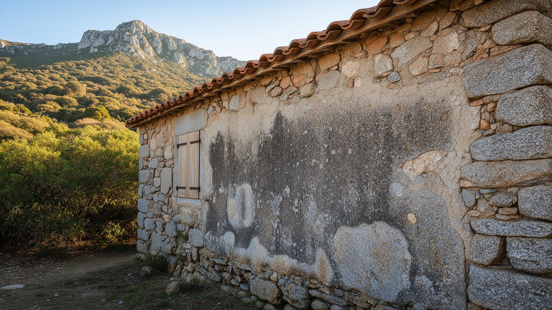 Maison traditionnelle corse en granite avec traces d'humidité, maquis et montagnes en arrière-plan