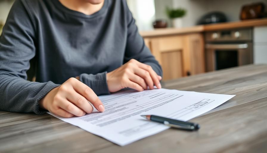 Personne remplissant un formulaire de déclaration de sinistre dégât des eaux à une table