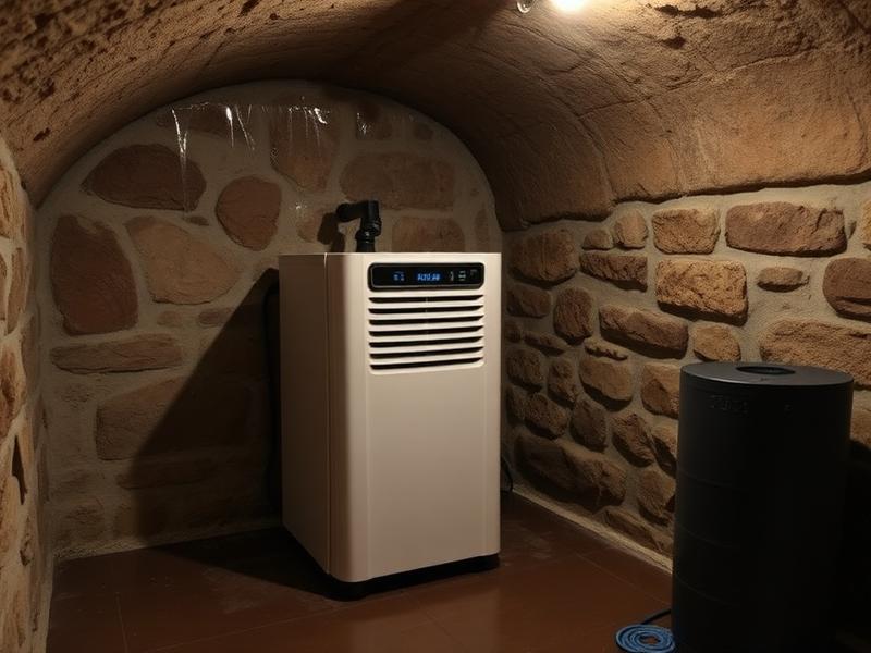 Déshumidificateur professionnel en fonctionnement dans une cave en pierre humide — gestion de l'humidité en sous-sol