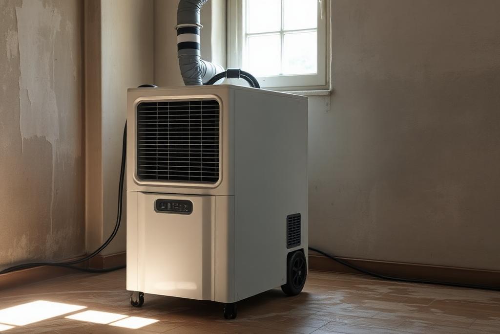 Déshumidificateur professionnel en fonctionnement dans une pièce humide d'un logement français, équipement de traitement de l'humidité