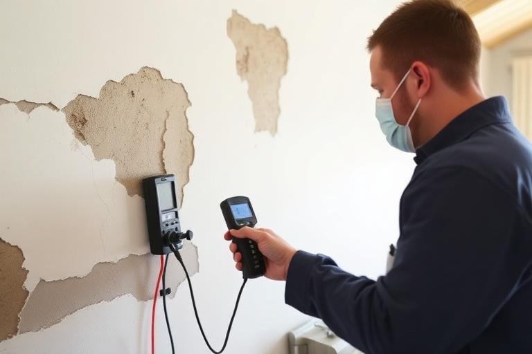 Technicien mesurant l'humidité d'un mur contaminé par les moisissures avec un humidimètre professionnel