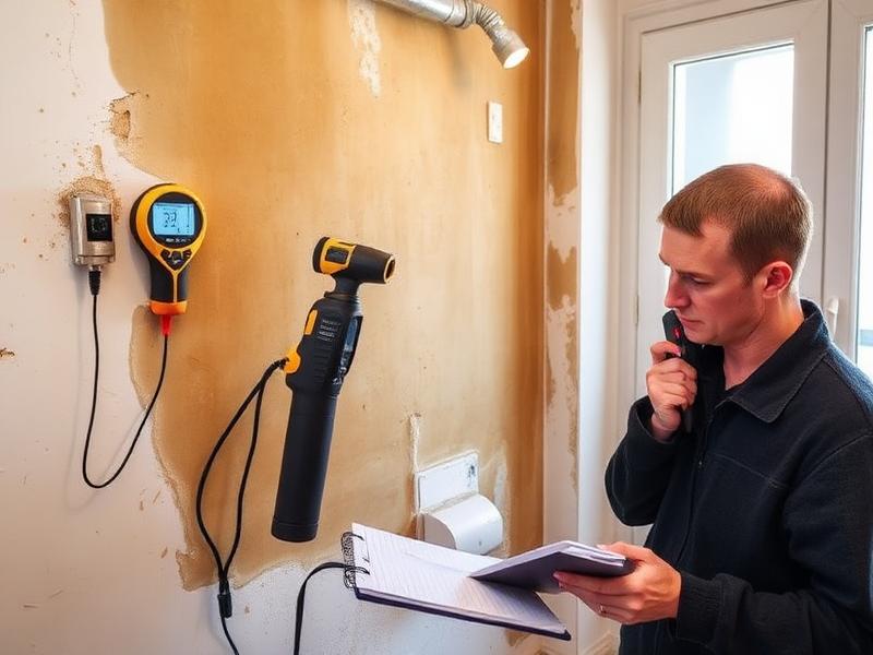 Expert en diagnostic humidité utilisant plusieurs instruments de mesure sur un mur dégradé