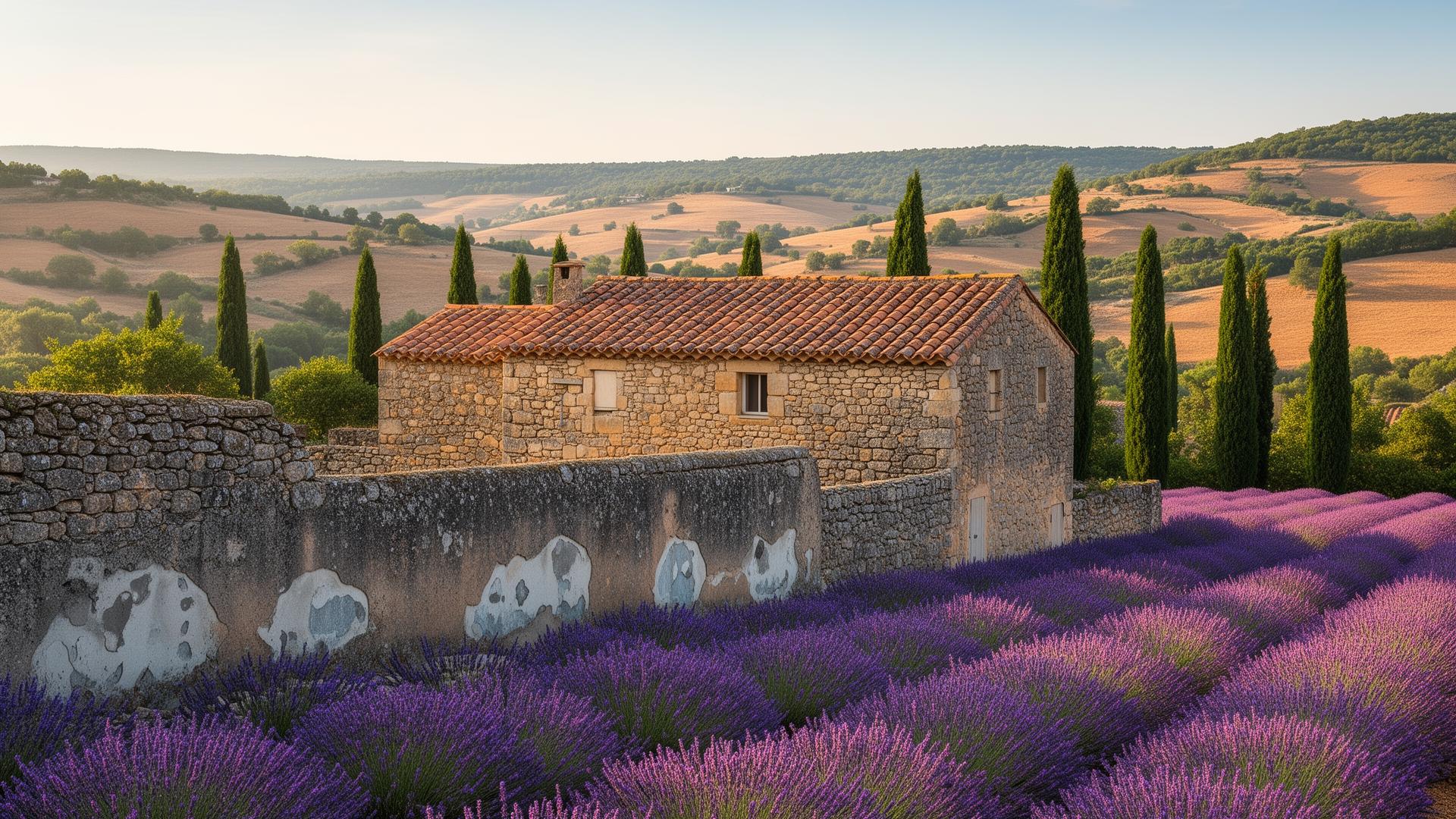 Mas provençal en pierre dans un paysage de lavande de la Drôme avec collines méditerranéennes