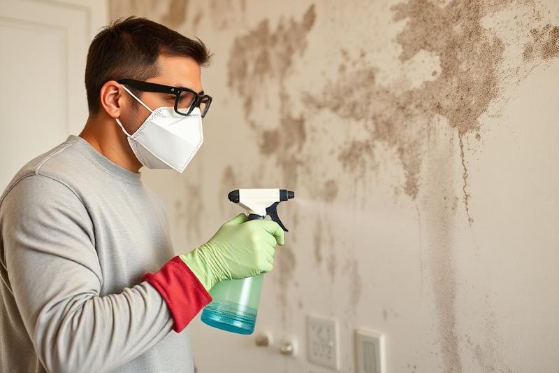 Personne portant masque FFP2 et gants pulvérisant un produit antifongique sur un mur contaminé par des champignons