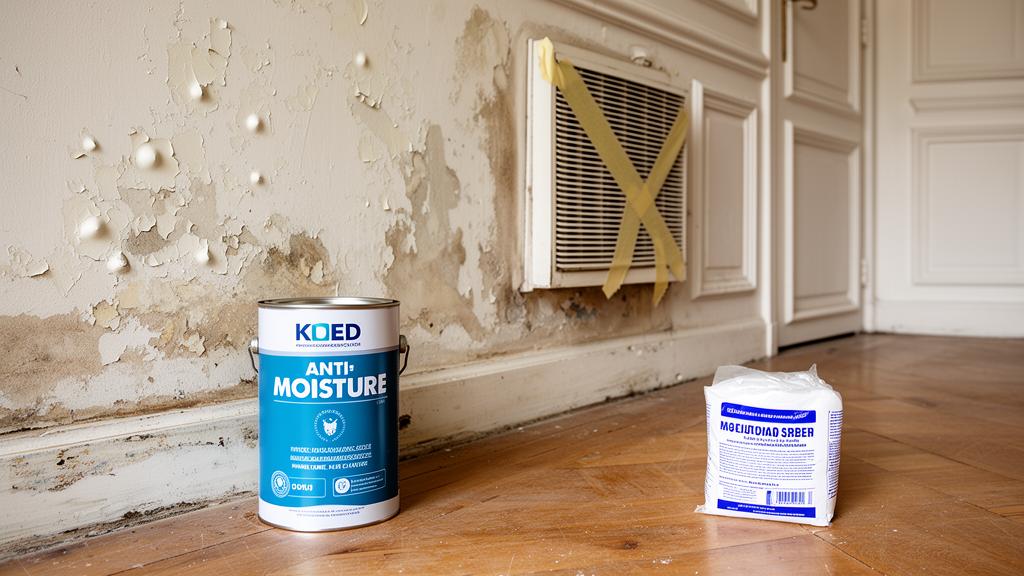 Erreurs courantes face à l'humidité : peinture anti-humidité et absorbeur chimique devant un mur dégradé