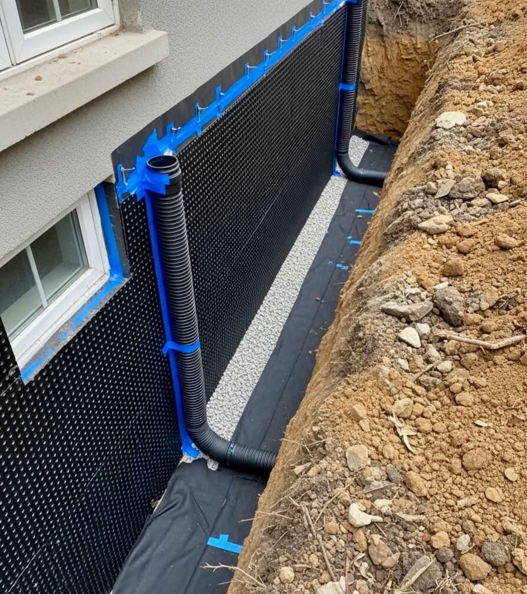 Chantier d'étanchéité sur mur enterré avec membrane alvéolaire noire, drainage périphérique et terrassement visible