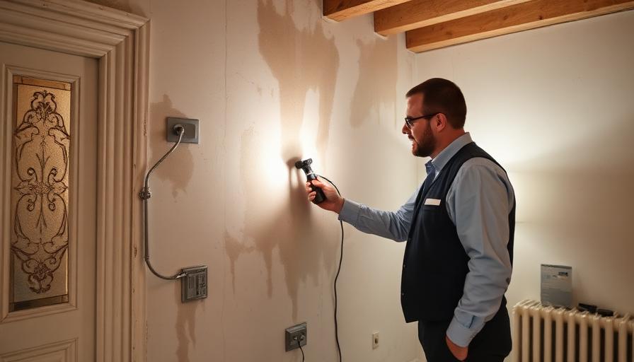 Expert du bâtiment examinant un mur humide dans une maison avec une lampe d'inspection