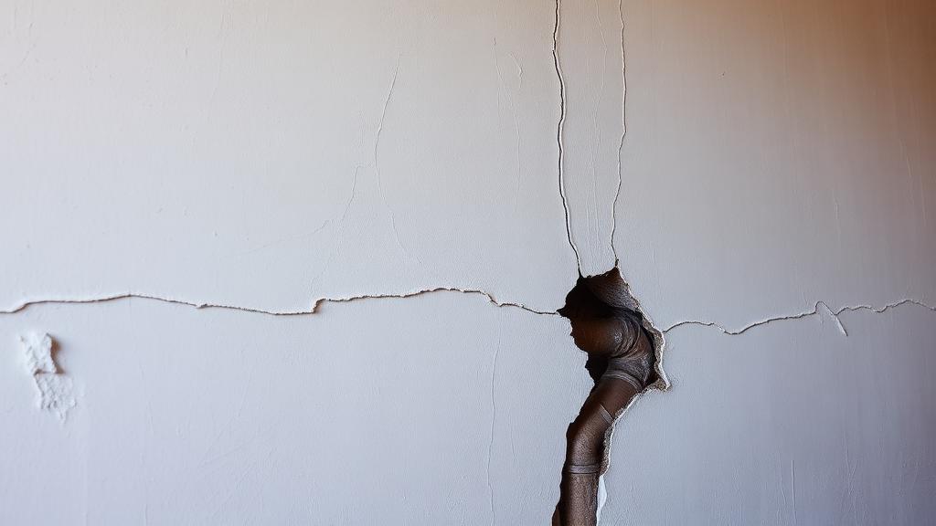 Mur intérieur avec traces d'humidité et fissures le long du passage d'une canalisation encastrée