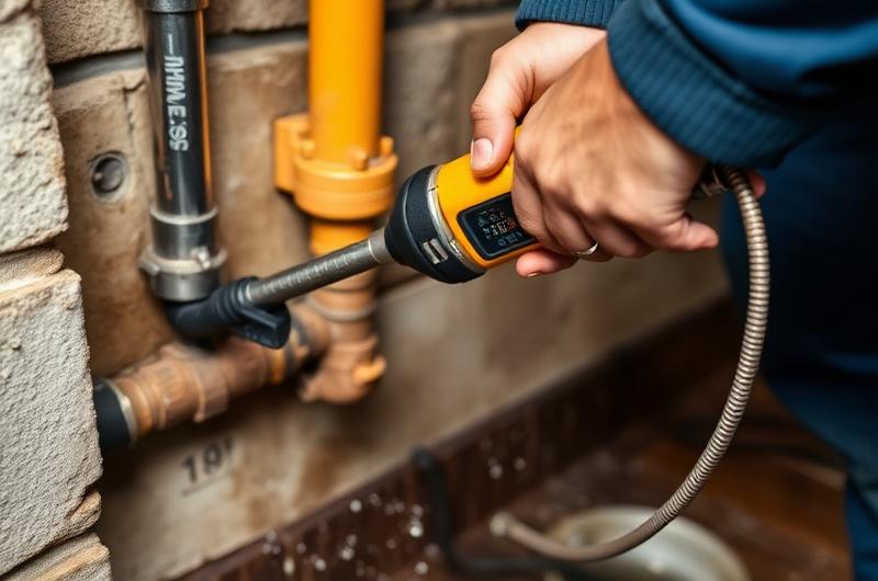 Technicien utilisant un furet électrique professionnel pour dégorger une canalisation obstruée