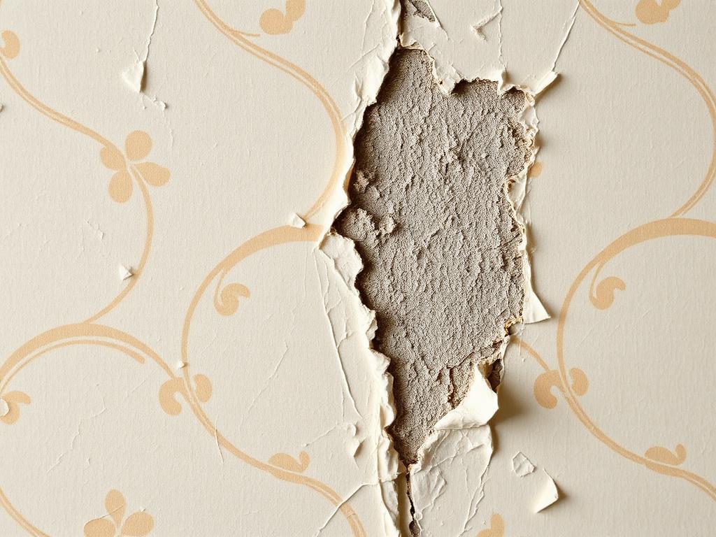 Papier peint décollé et cloqué sur un mur intérieur humide