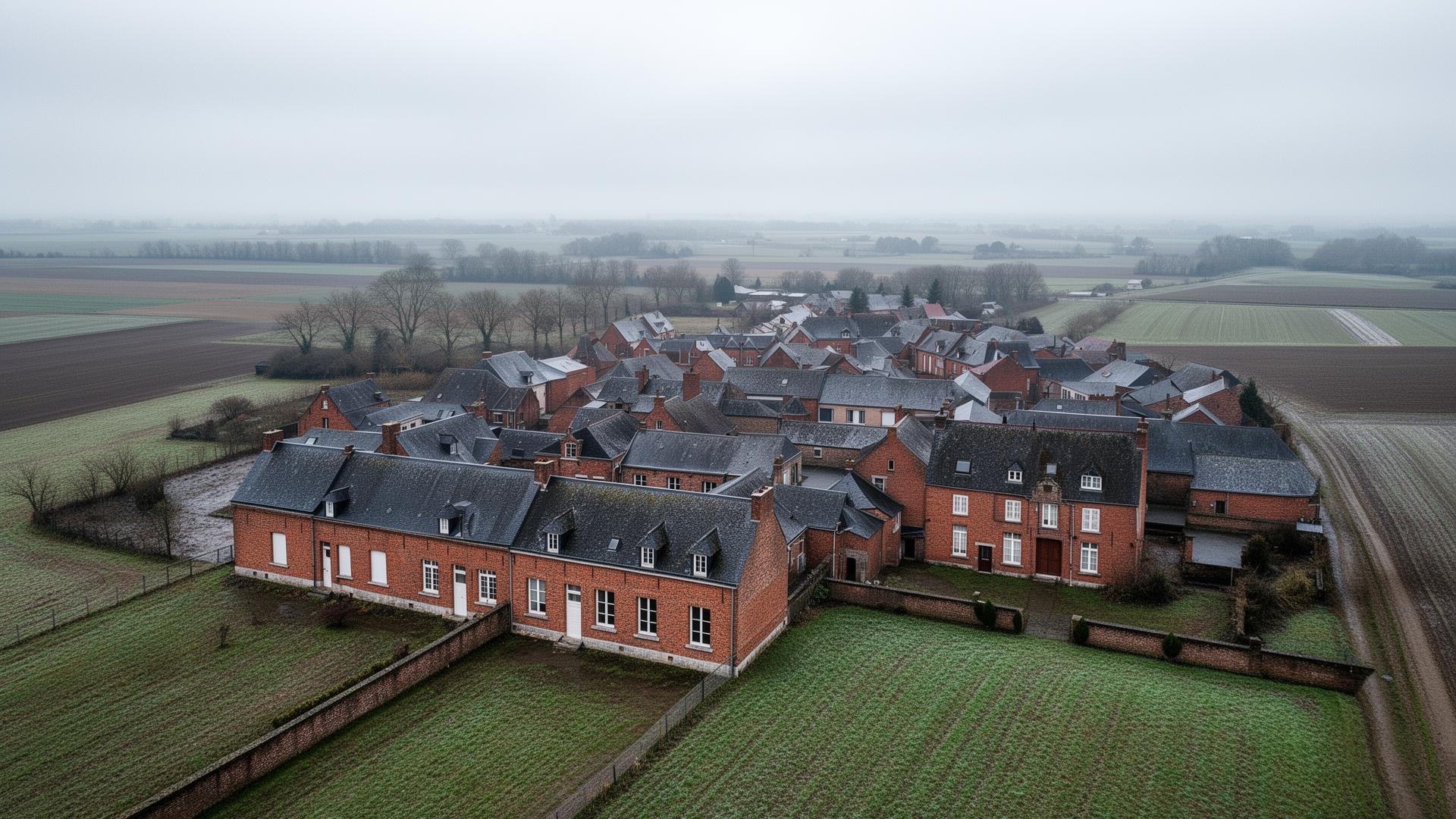 Village typique des Hauts-de-France avec maisons en brique rouge