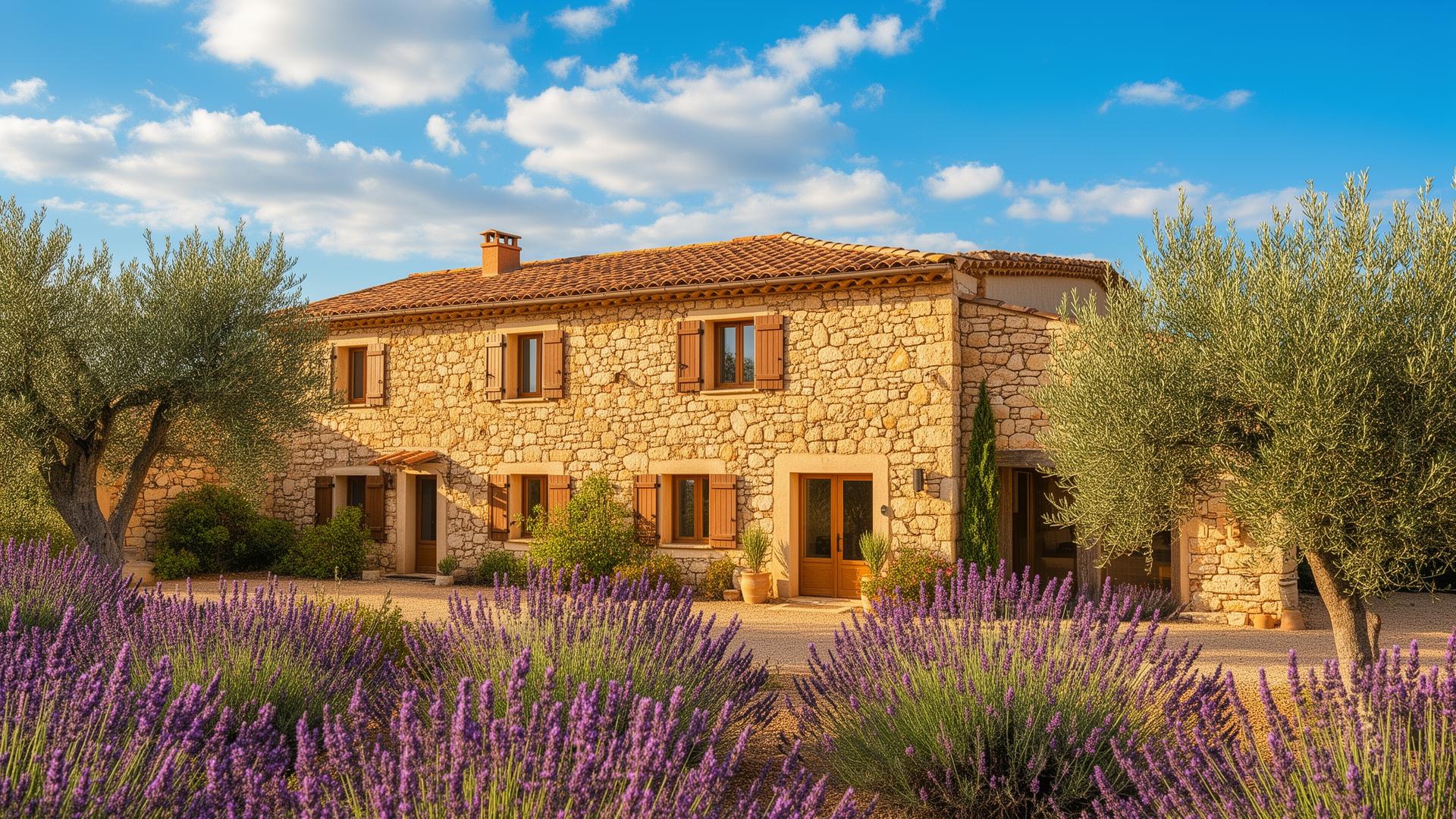 Mas provençal traditionnel en pierre dans l'Hérault avec oliviers et lavande