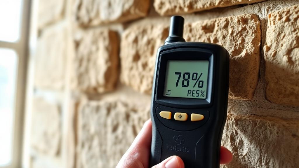 Humidimètre digital appliqué sur un mur en pierre pour mesurer le taux d'humidité