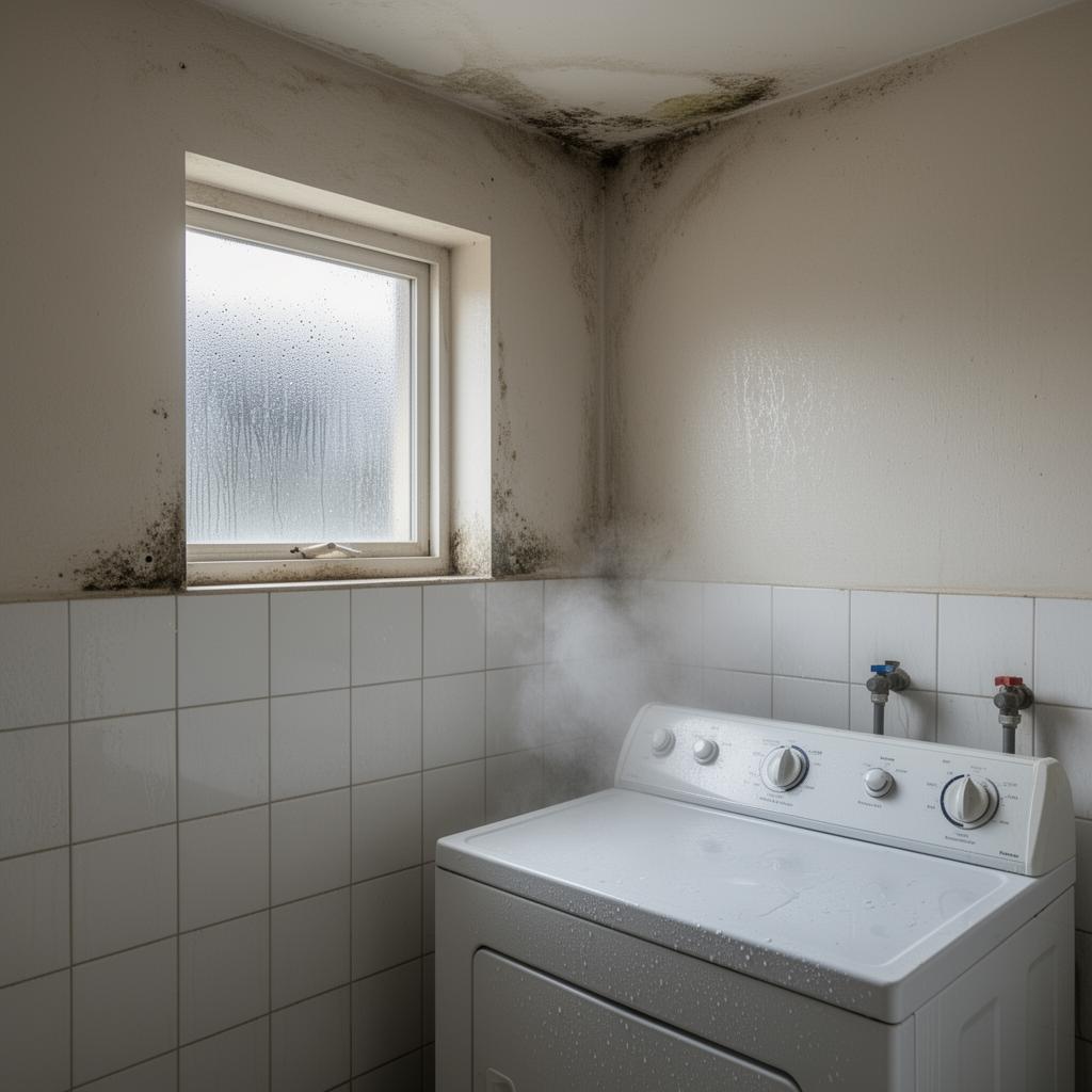 Buanderie avec condensation sur les murs, vapeur de machine à laver et moisissures dans les angles
