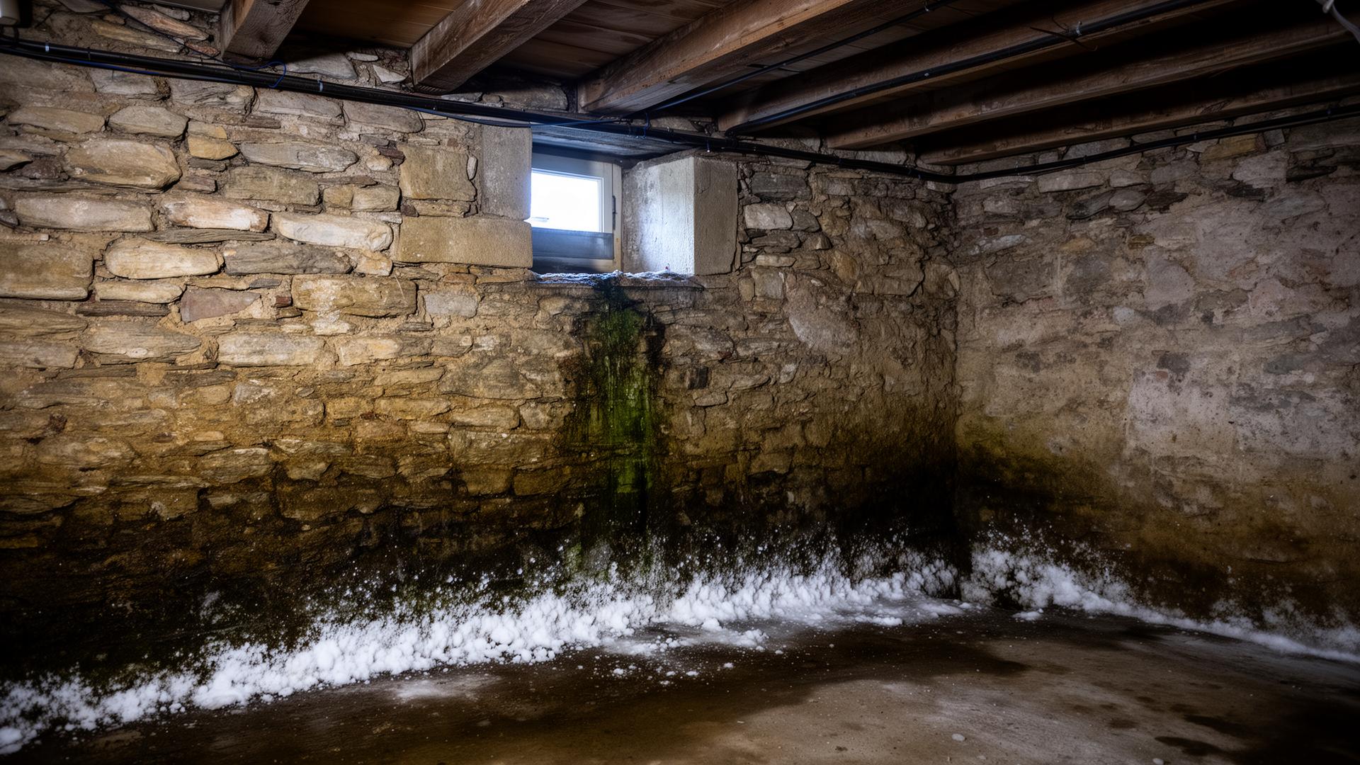 Cave en pierre présentant des suintements, du salpêtre et des infiltrations latérales