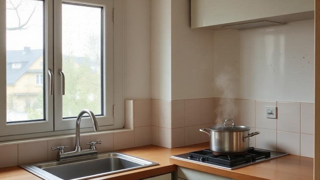 Cuisine avec condensation sur la fenêtre et vapeur de cuisson