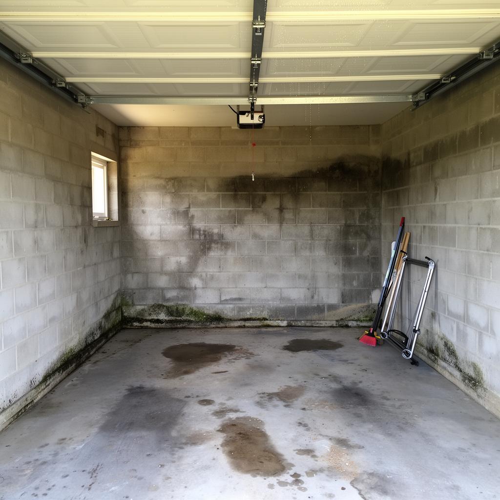 Garage avec taches d'humidité sur les murs en parpaing et condensation sur les surfaces métalliques