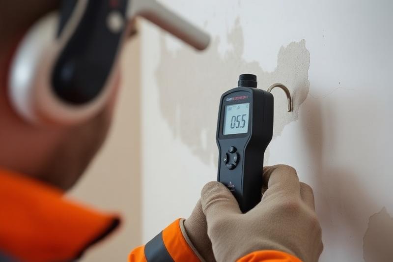 Technicien mesurant le taux d'humidité d'un mur avec un humidimètre professionnel
