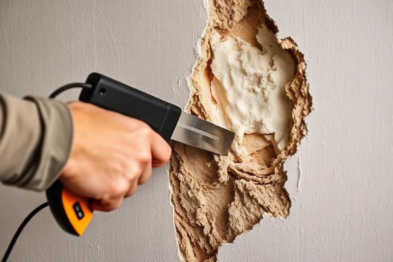 Professionnel découpant un placo humide et endommagé pour accéder à l'isolation derrière, travaux de réparation