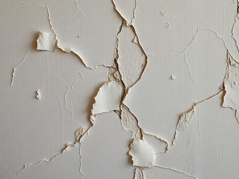 Peinture qui cloque et s'écaille en couches successives sur un mur humide — cycle de dégradation récurrente